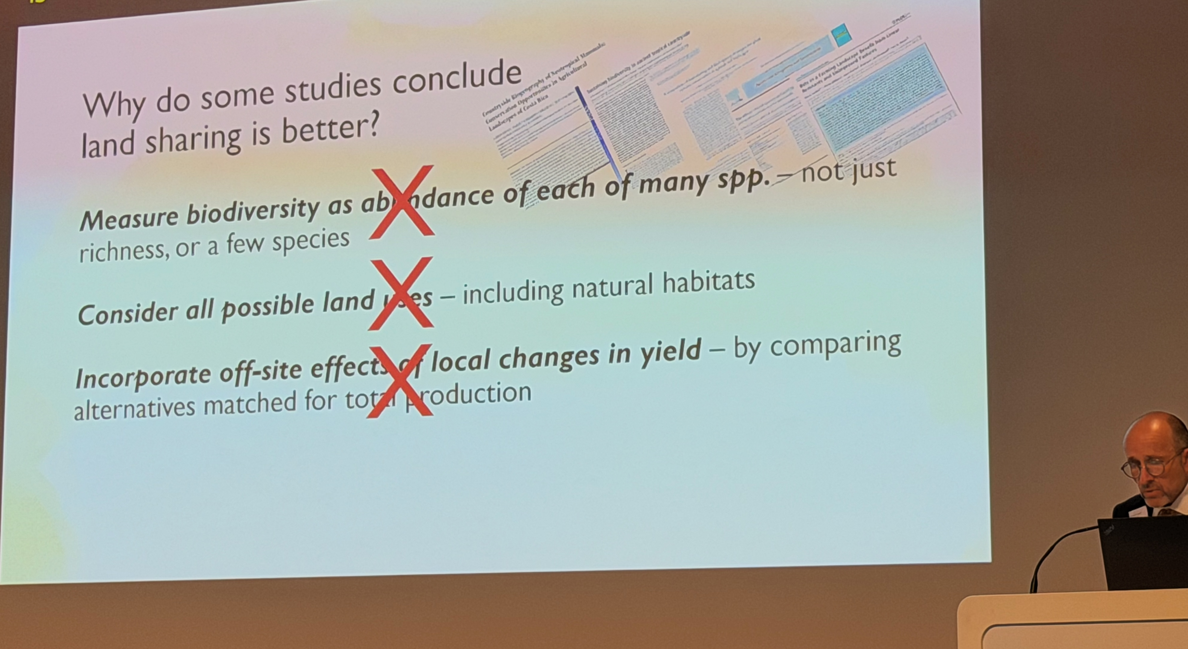 Three crosses through the assumptions that lead studies to favour land sharing.
