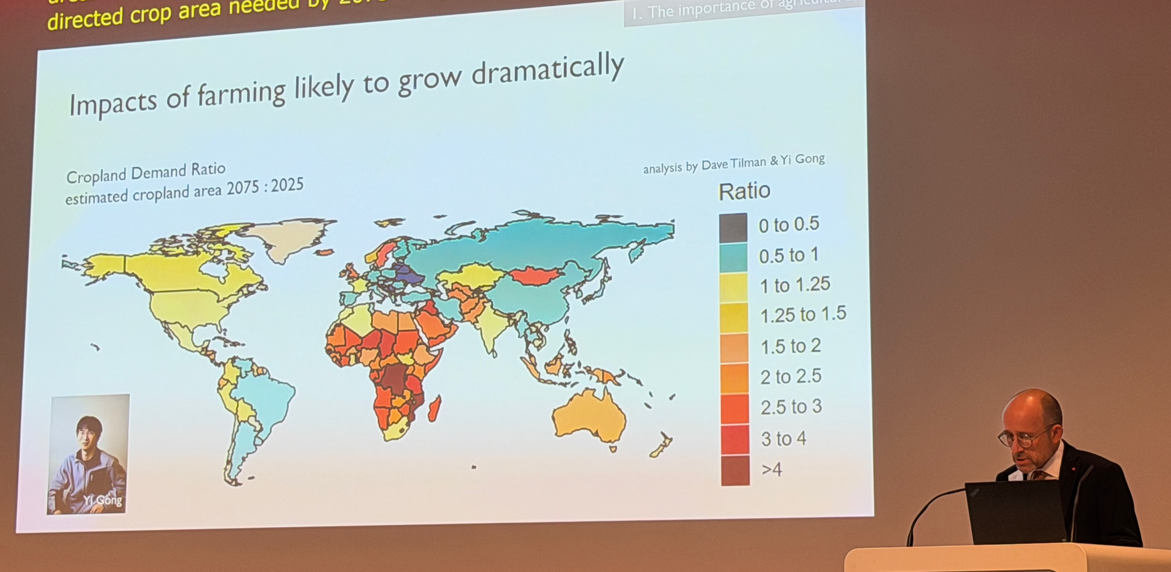 The cropland demand ratio: estimated crop area needed by 2075 versus today. Much of the tropics is deep in the red.