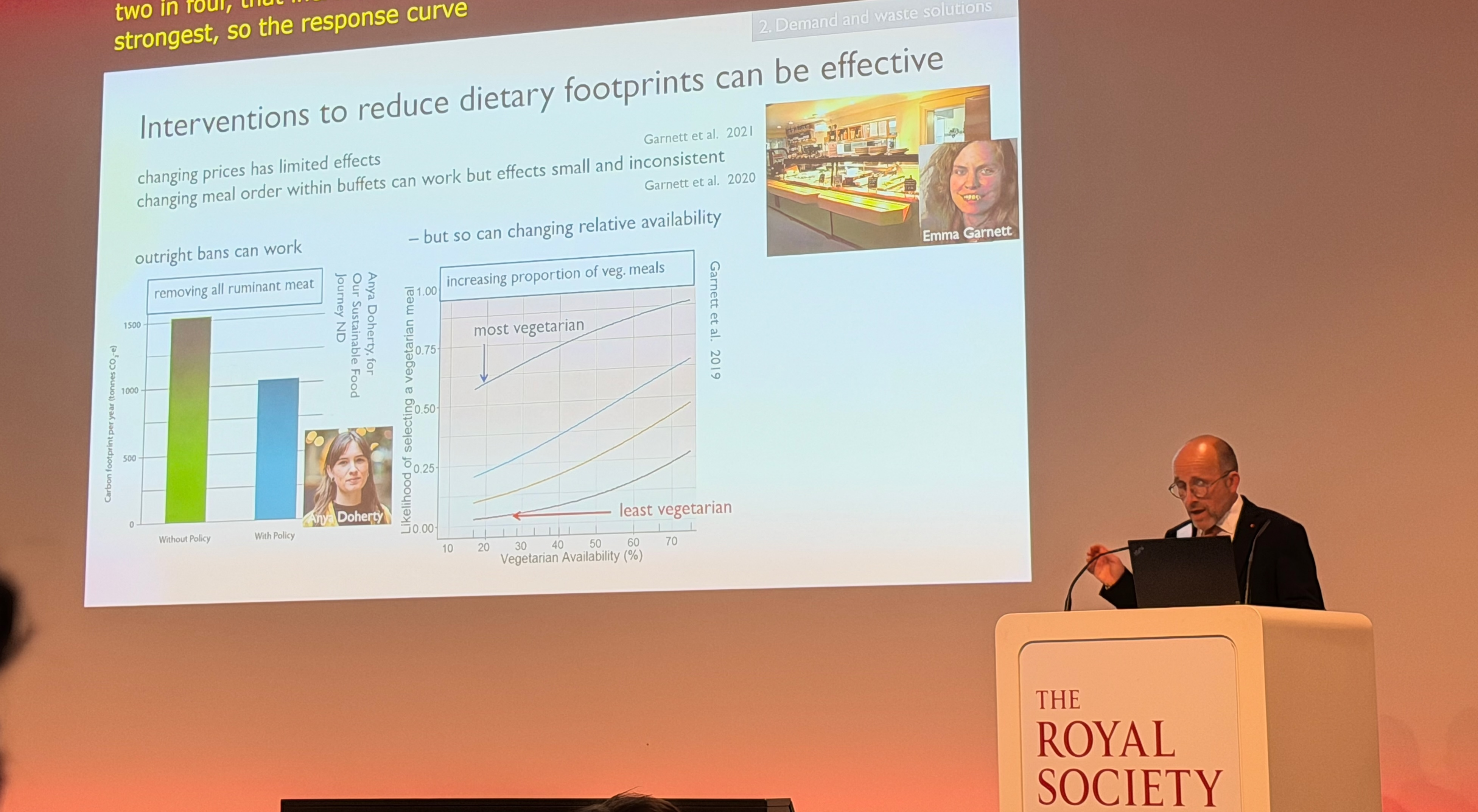 Interventions to reduce dietary footprints: changing relative availability of vegetarian options works surprisingly well (Garnett et al.).