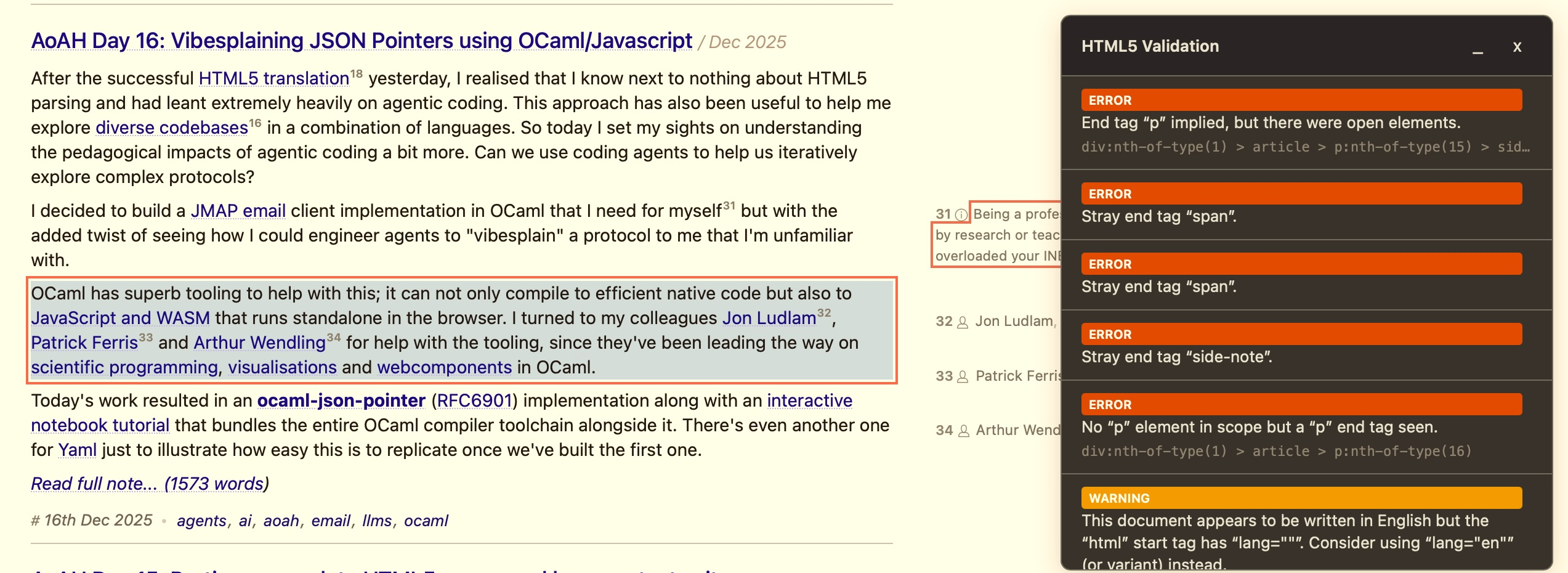 My conformance checker now runs the OCaml straight in the browser on my dev website and highlights errors along with explanations. My conformance checker now runs the OCaml straight in the browser on my dev website and highlights errors along with explanations.