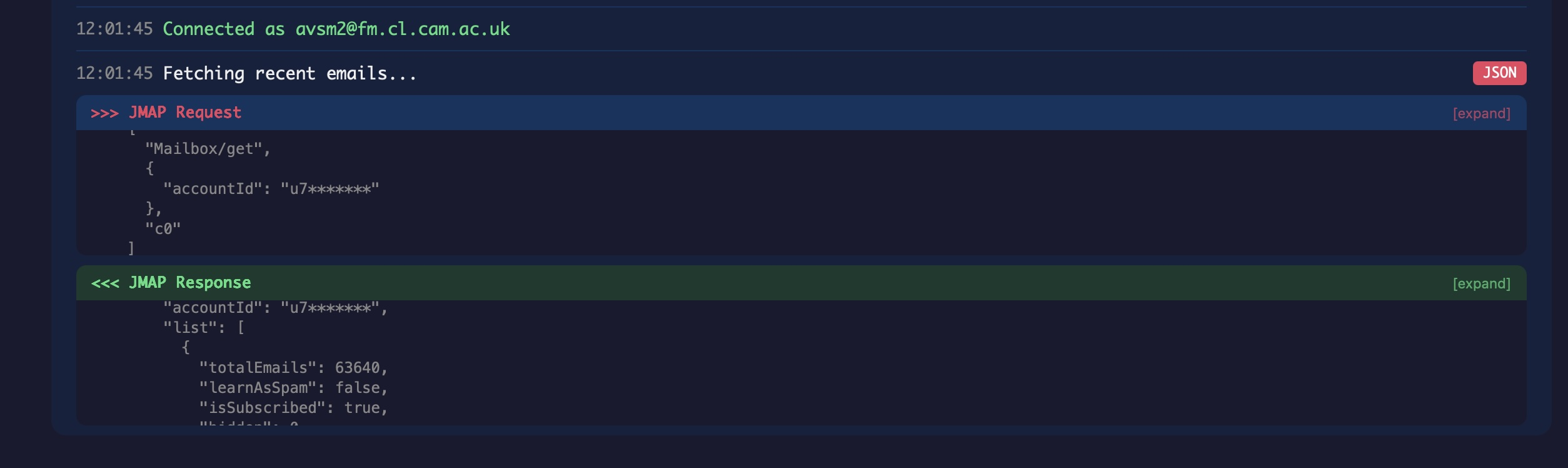 The client also dumps the JMAP protocol messages so I can learn more about how it works.