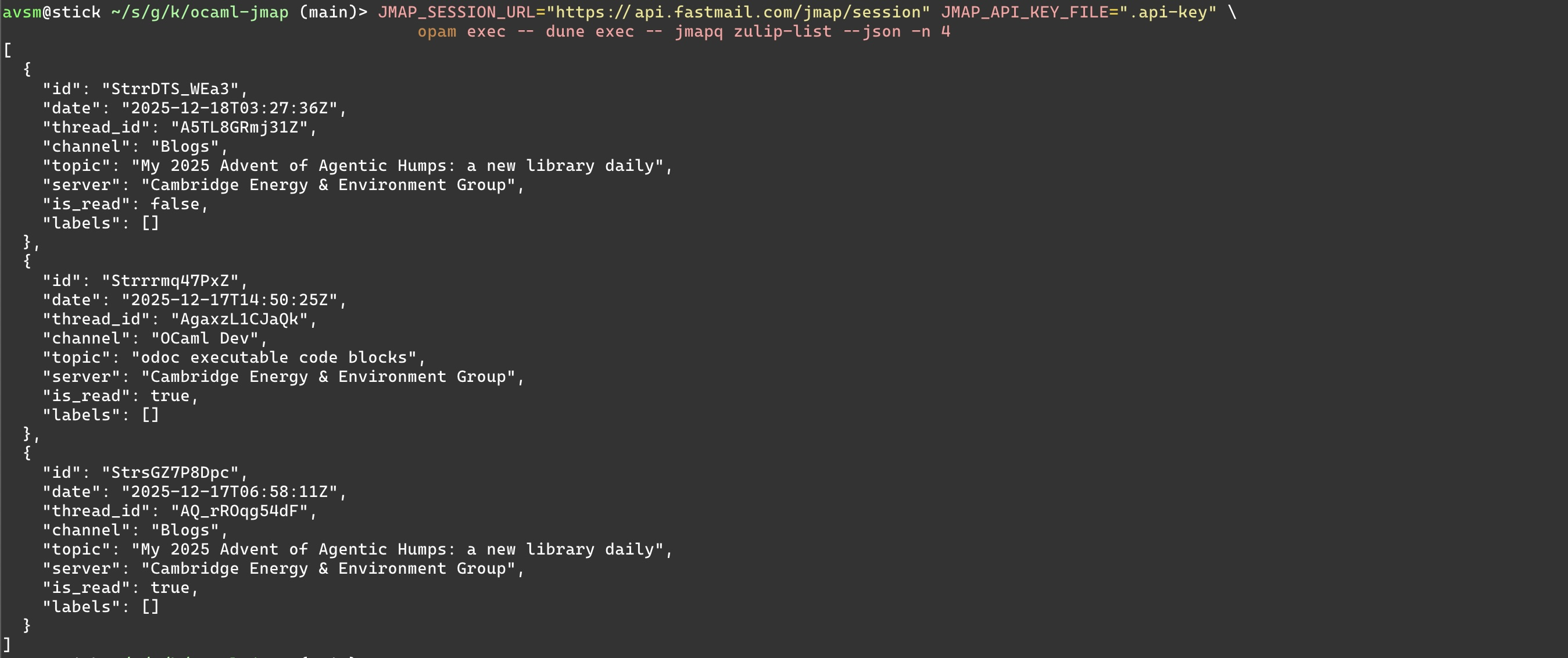Given a read only API key, this parses out just what I need from Zulip