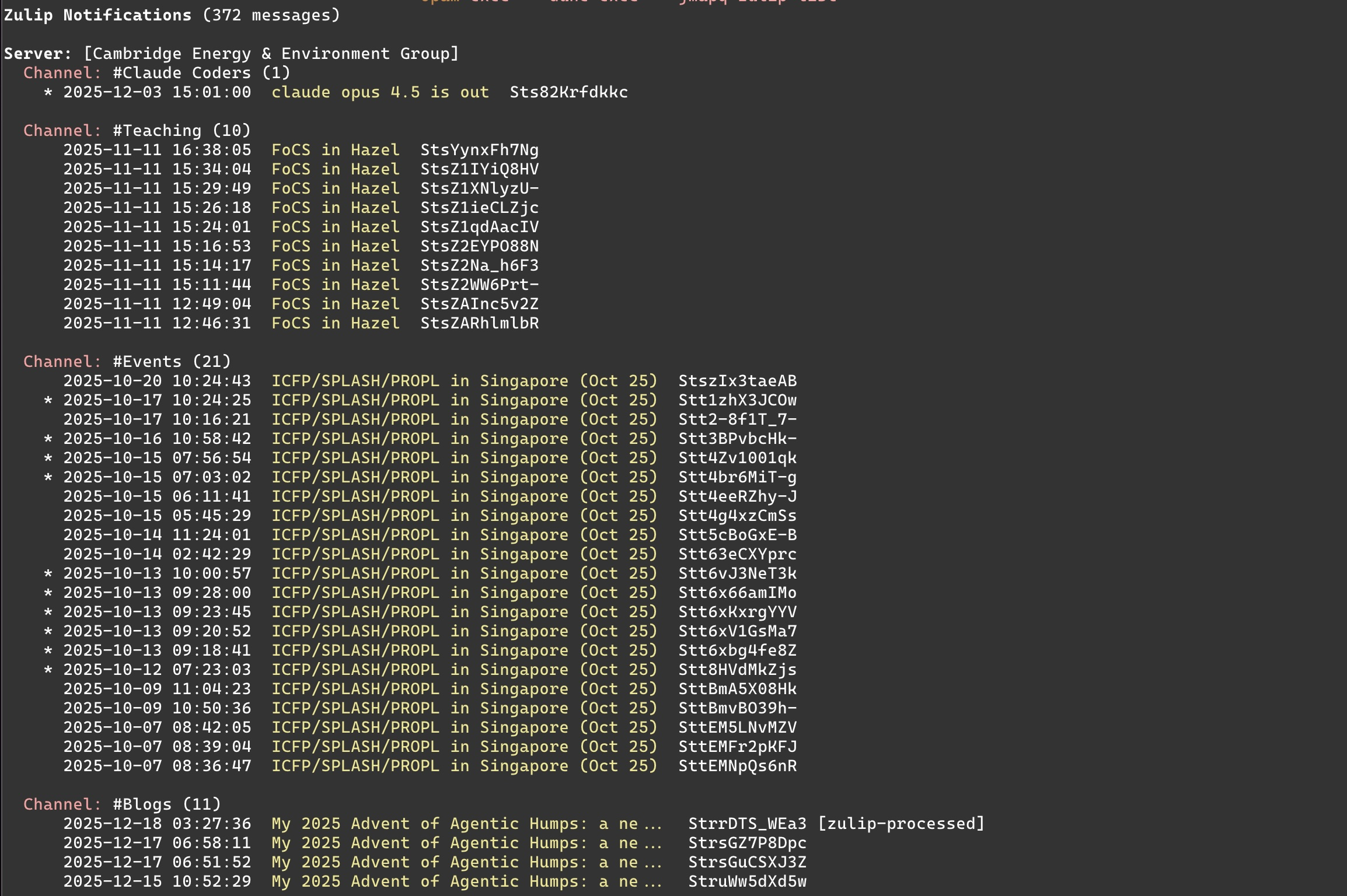 The vibe coded CLI can show really specific queries like my Zulip channels