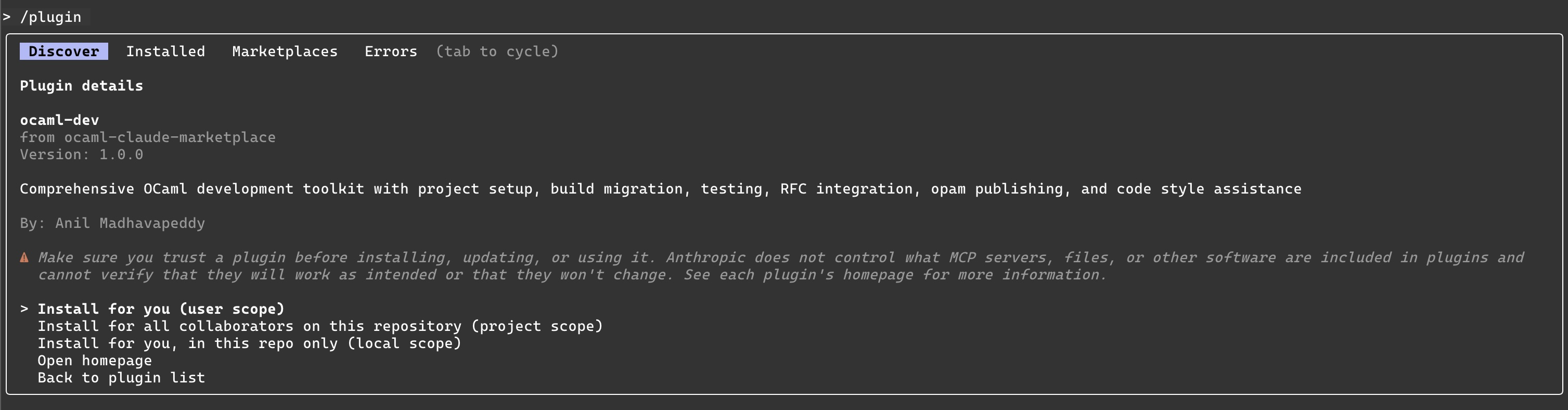 It'll auto install it and you can find all the plugins for OCaml