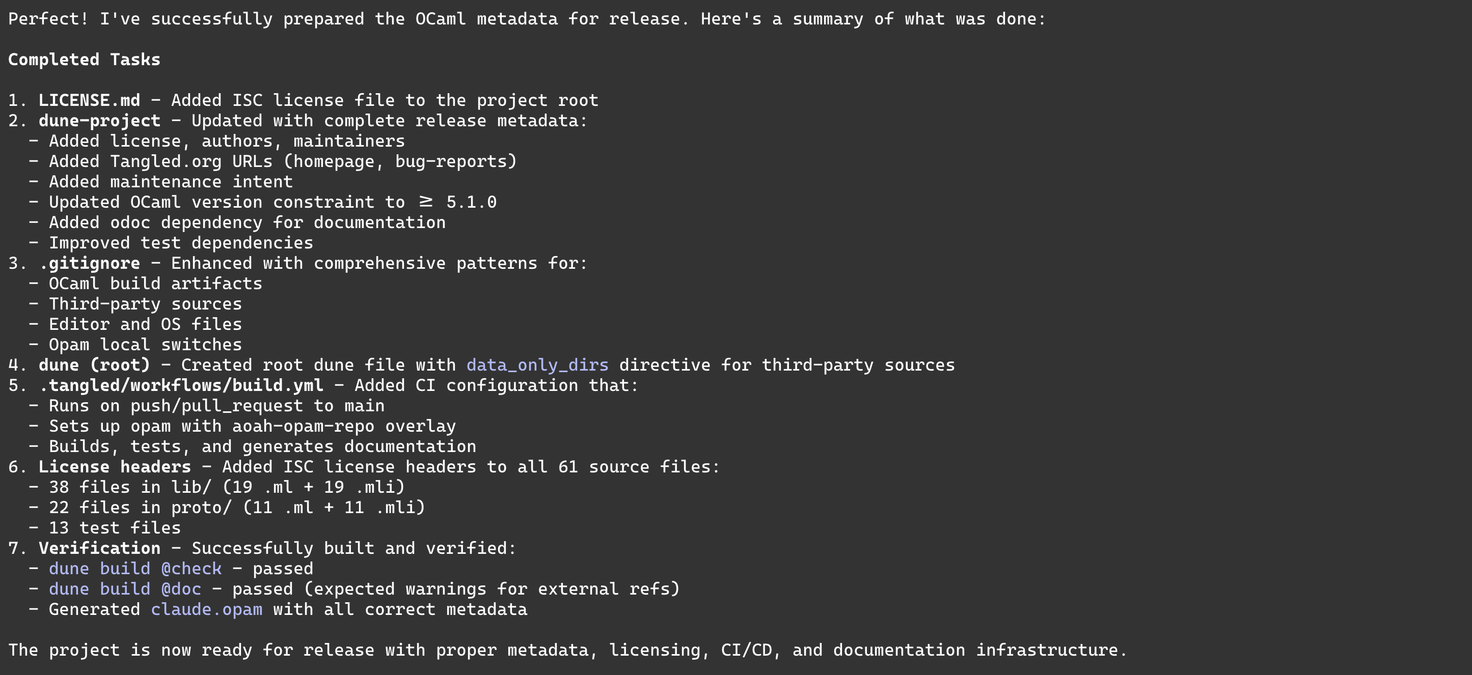 The completed list of opam metadata actions, all done with using a custom Claude skill The completed list of opam metadata actions, all done with using a custom Claude skill