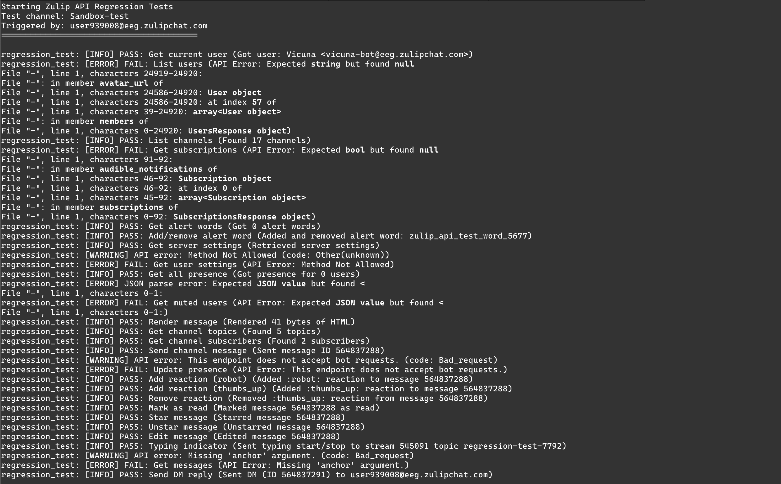 The first run of my Zulip regression bot