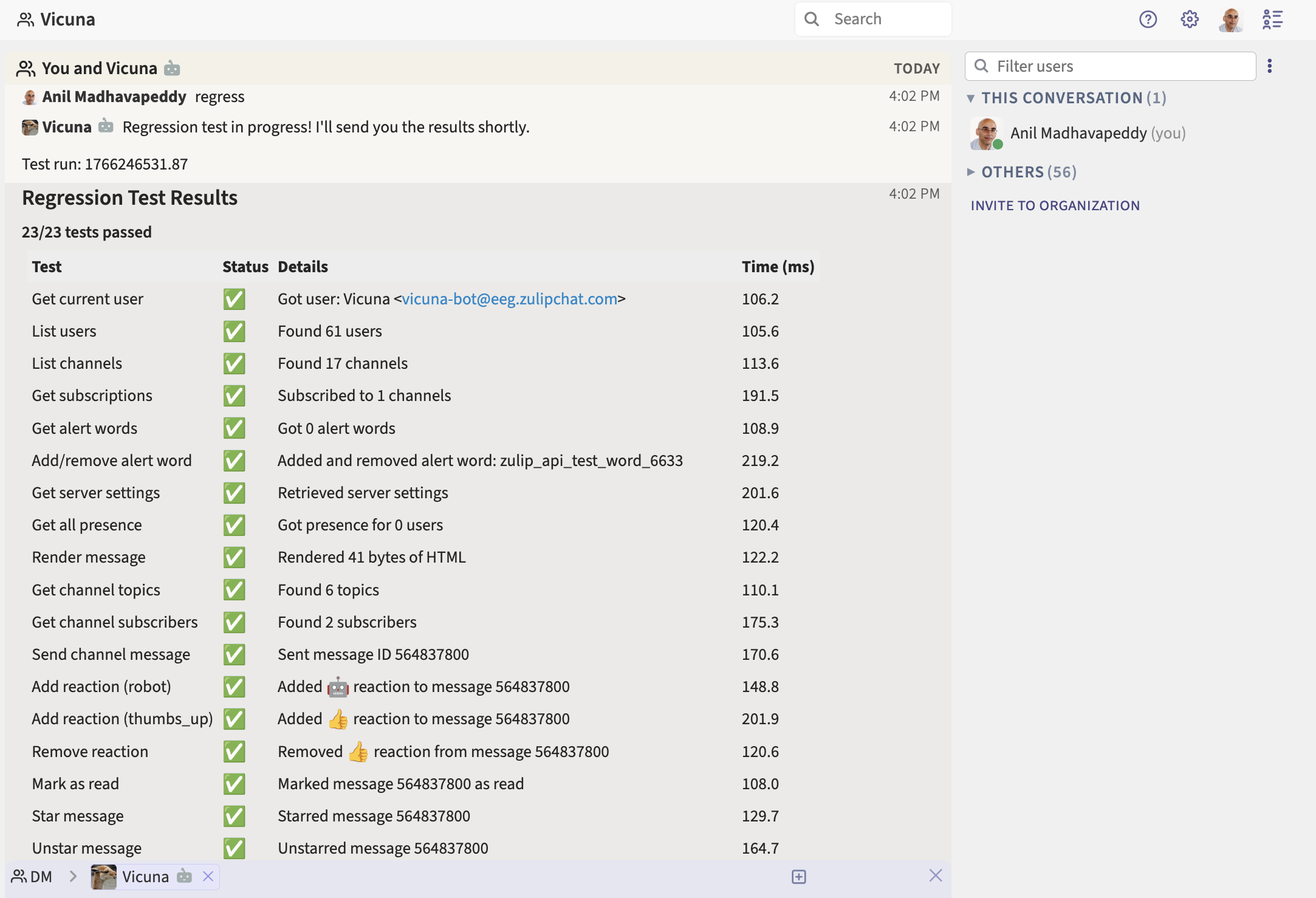 The bot posts the results of its Zulip regression test to Zulip!