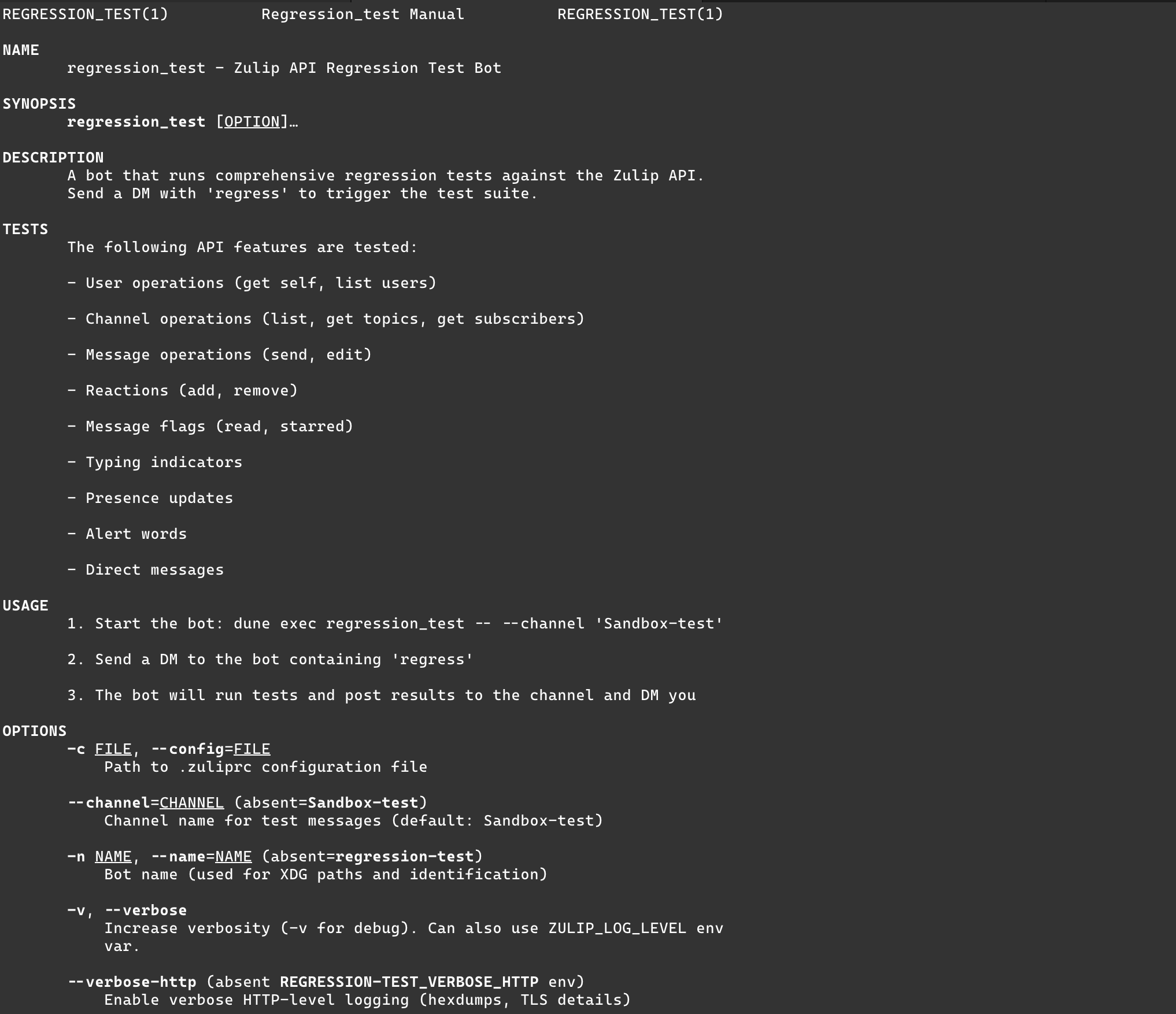 The manual pages for a bot are pretty good by default thanks to the cmdliner terms.