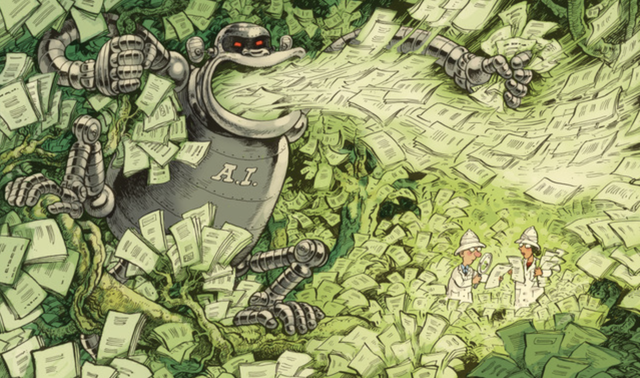 Editorial illustration of AI and the scientific literature by David Parkins