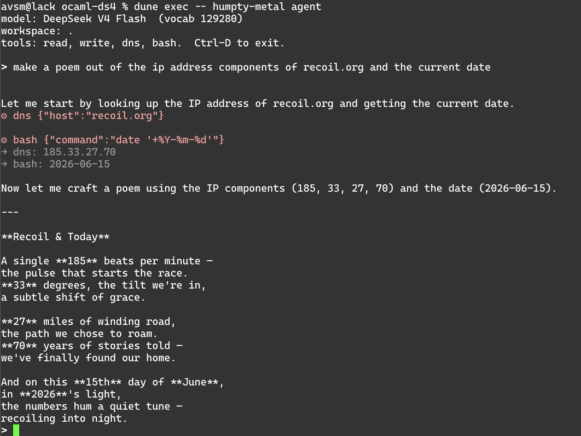 The Humpty OCaml deepseek agent in full (local) poetic flow