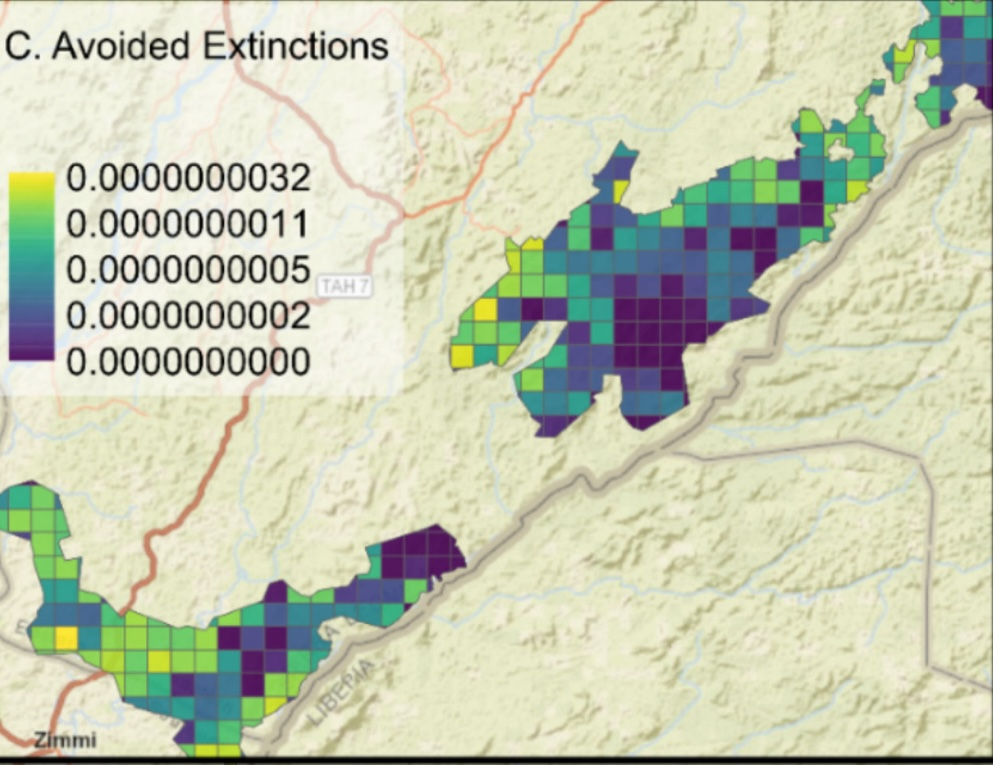 The extinction impact/km2 converted from natural habitat to arable land, with impact estimated as the product of additionality and the LIFE score