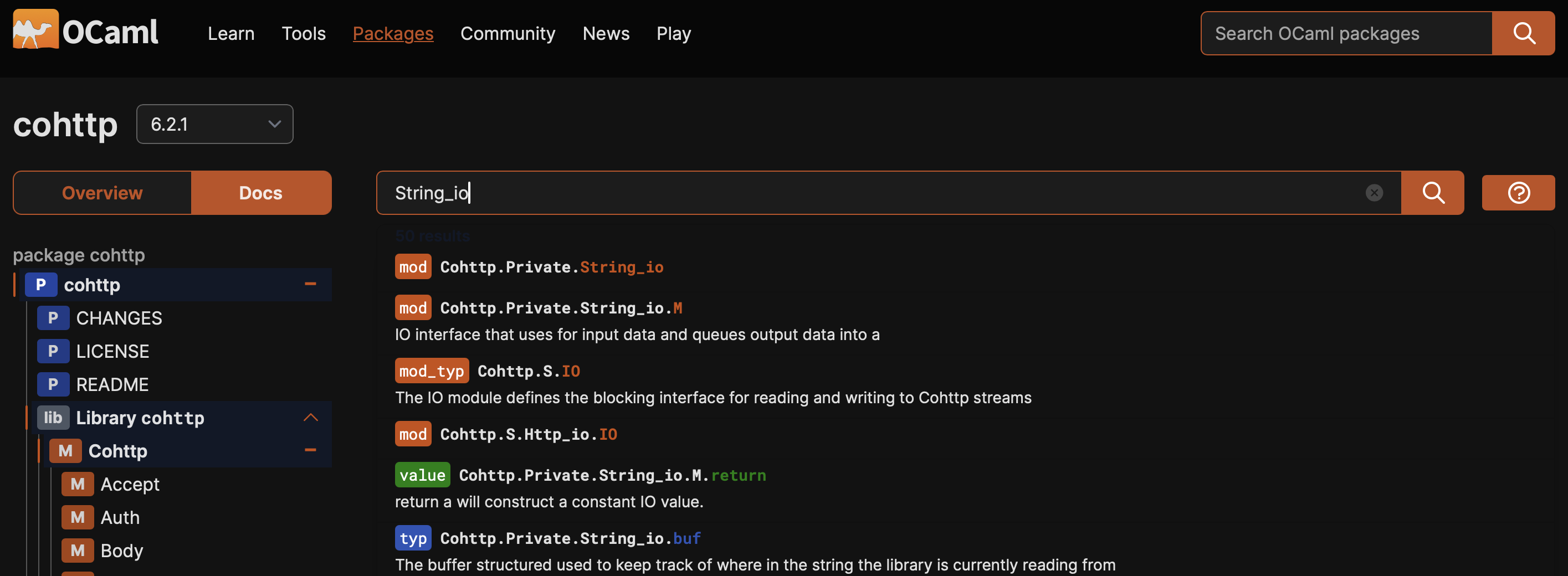 Searchable and cross-referenced documentation for every OCaml package Searchable and cross-referenced documentation for every OCaml package