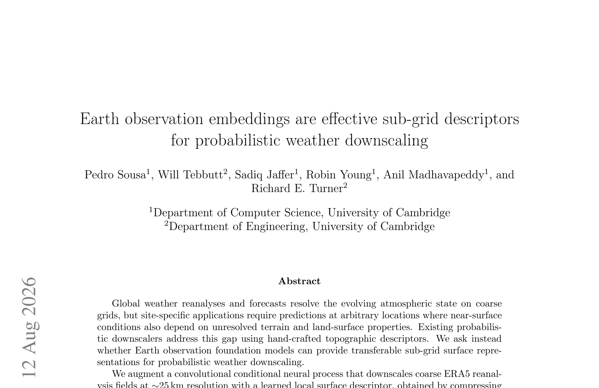 Earth observation embeddings are effective sub-grid descriptors for probabilistic weather downscaling