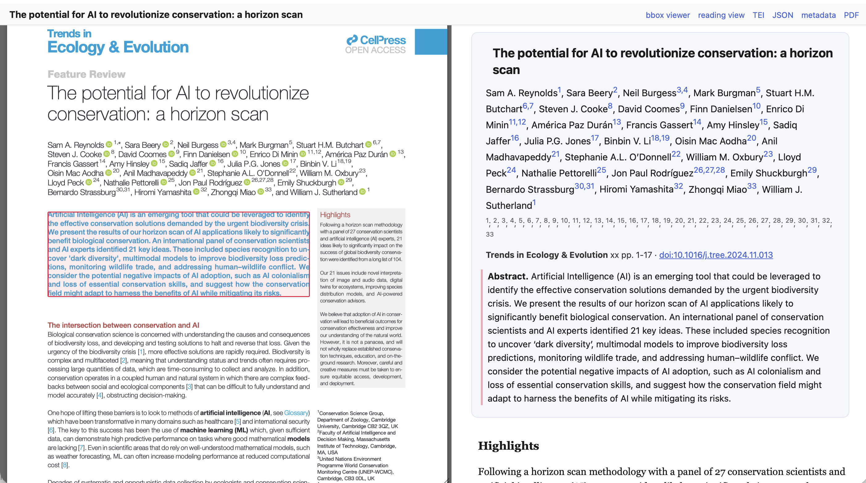 The PDF and its extracted TEI, with the abstract bounding box highlighted