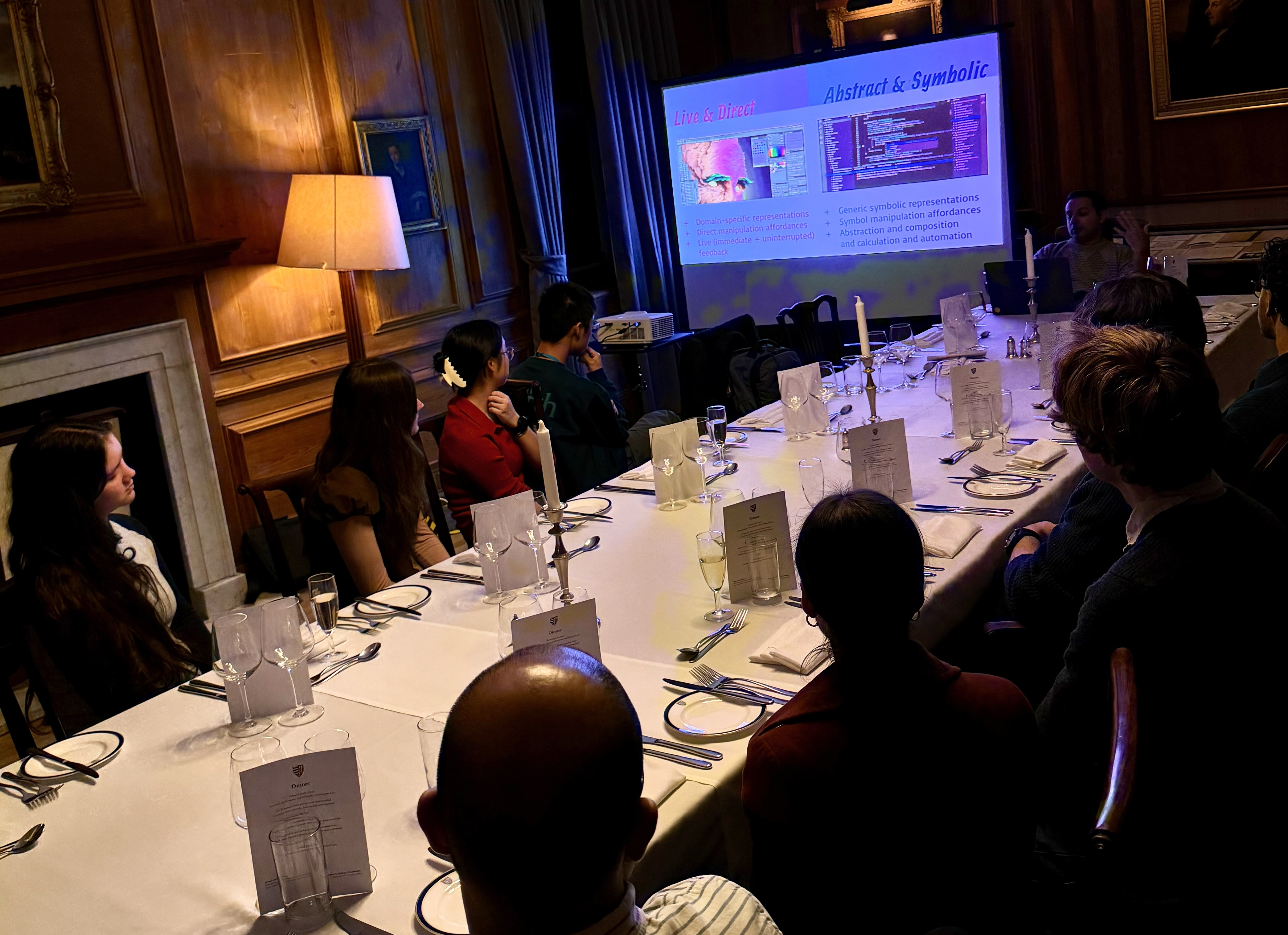 Cyrus Omar on live and direct programming environments at the Pembroke CS subject dinner. Cyrus Omar on live and direct programming environments at the Pembroke CS subject dinner.