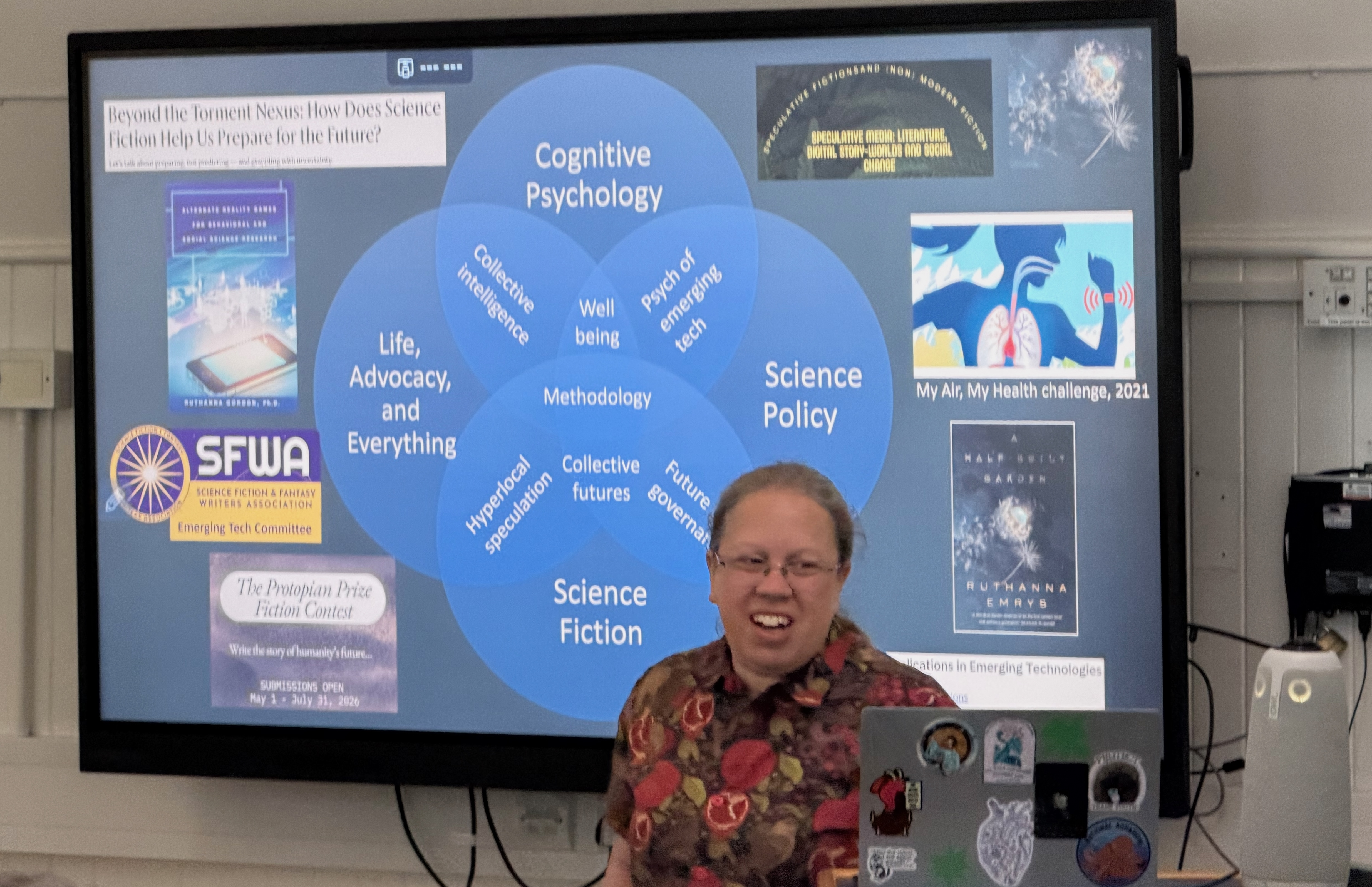 Emrys shows the Venn diagram of interests that brought her to the workshop Emrys shows the Venn diagram of interests that brought her to the workshop