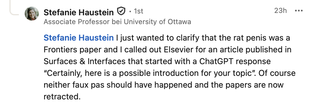 Stefanie Haustein points out ChatGPT-related content in response to Elsevier's comments on stage.