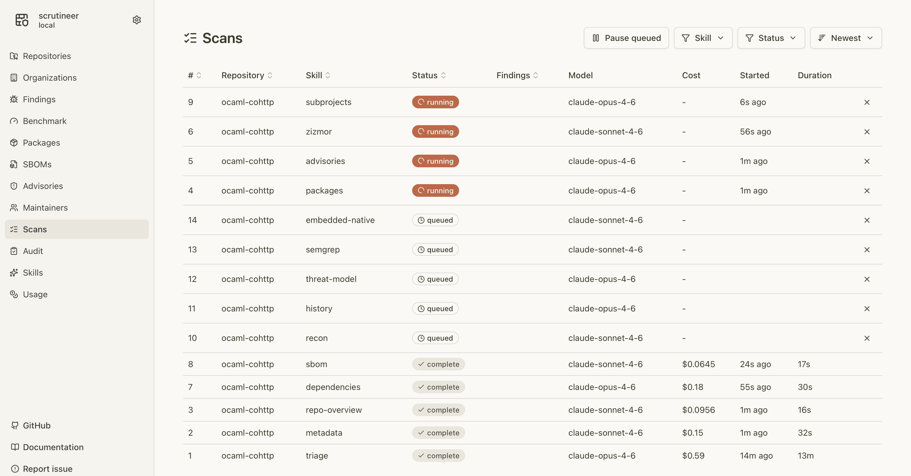 The skill pipeline fanning out across parallel scans after the initial triage of cohttp.