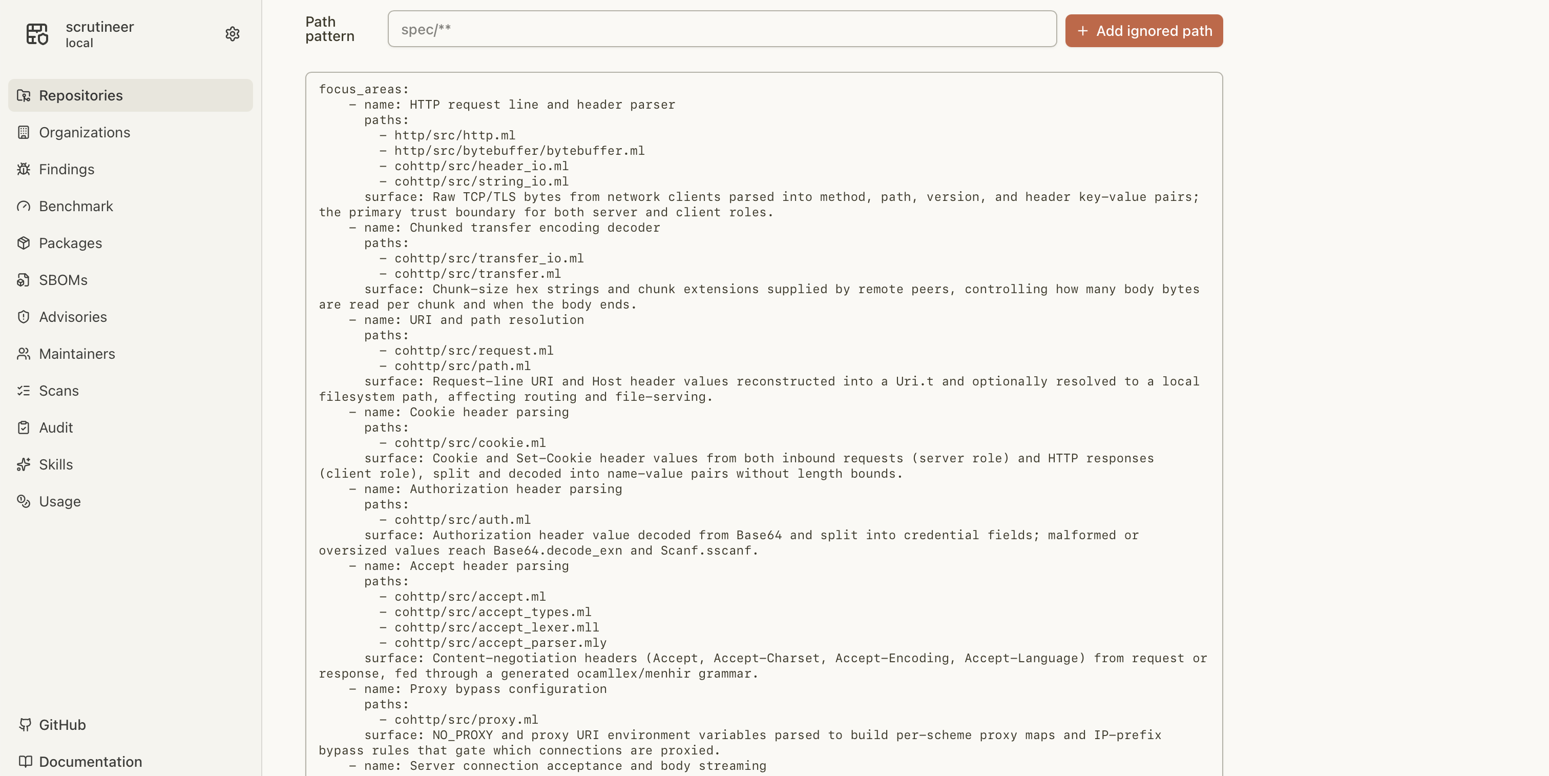 The generated scan configuration maps cohttp's attack surface file by file.