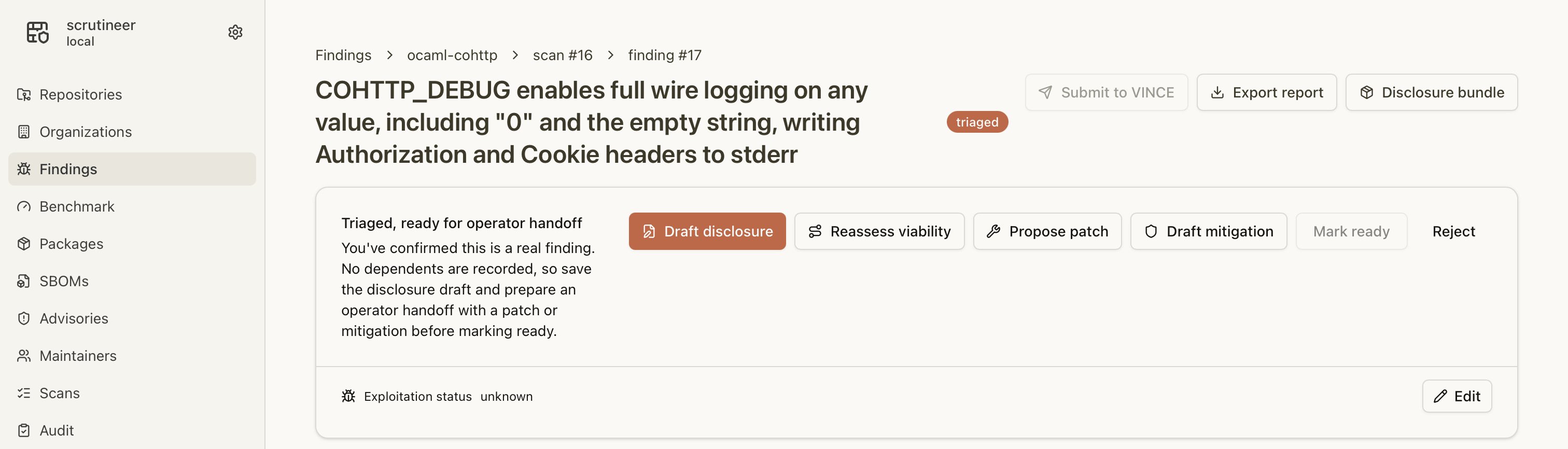 A sample trivial finding where any value of COHTTP_DEBUG logs credentials to stderr.
