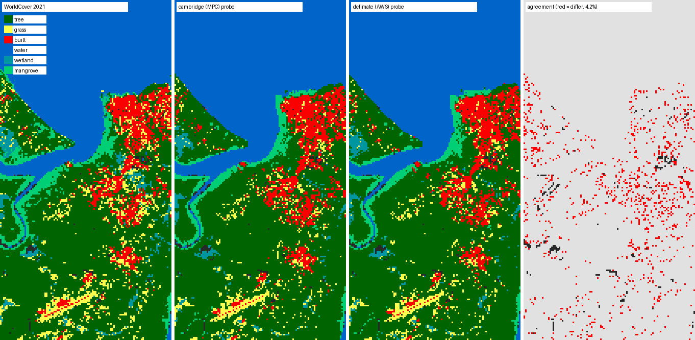 WorldCover 2021 labels over Cayenne, linear probe predictions from the Cambridge (MPC) and dClimate (AWS) embeddings, and where they disagree (credit: Mark Elvers)