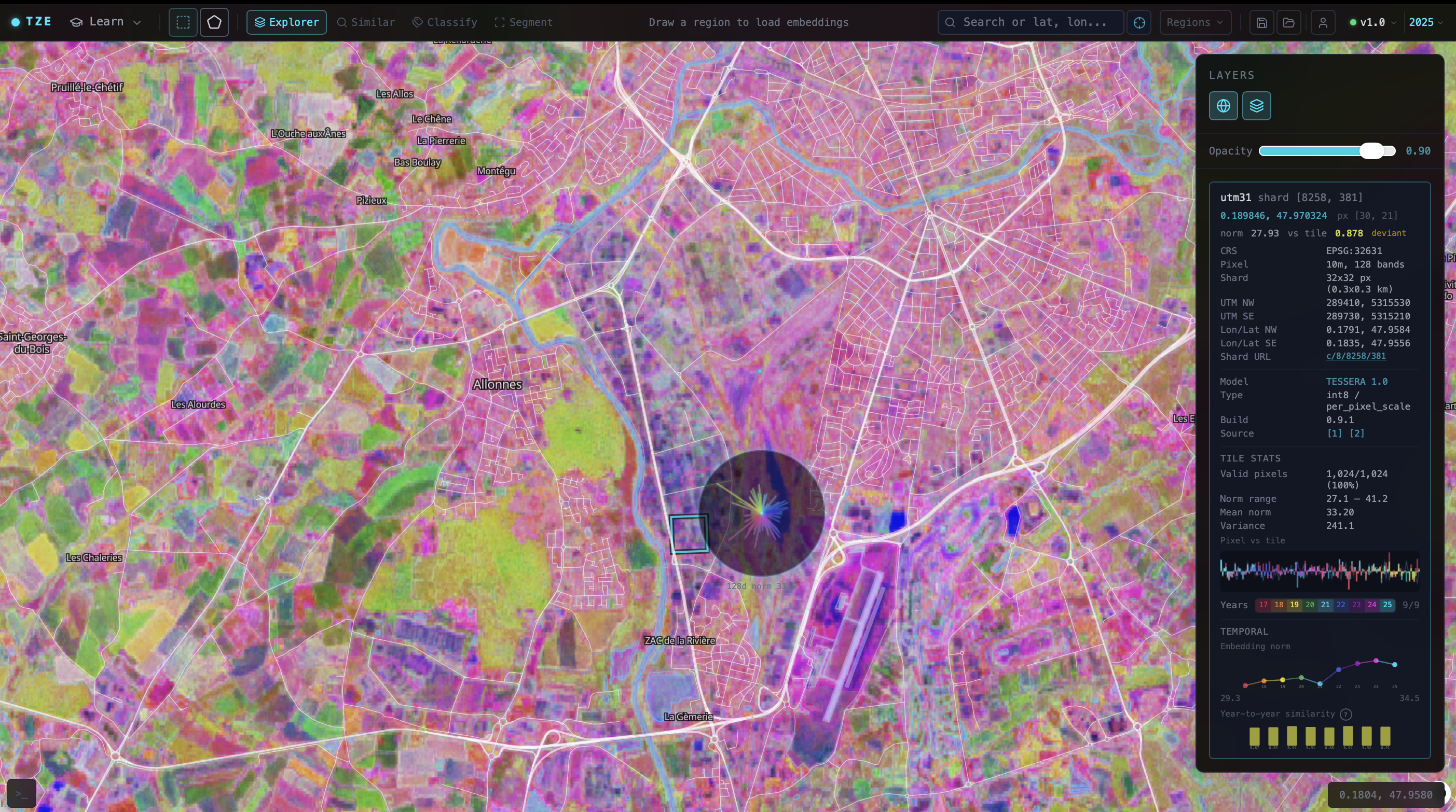 One shard near Le Mans in UTM zone 31, with its per-year embedding norms