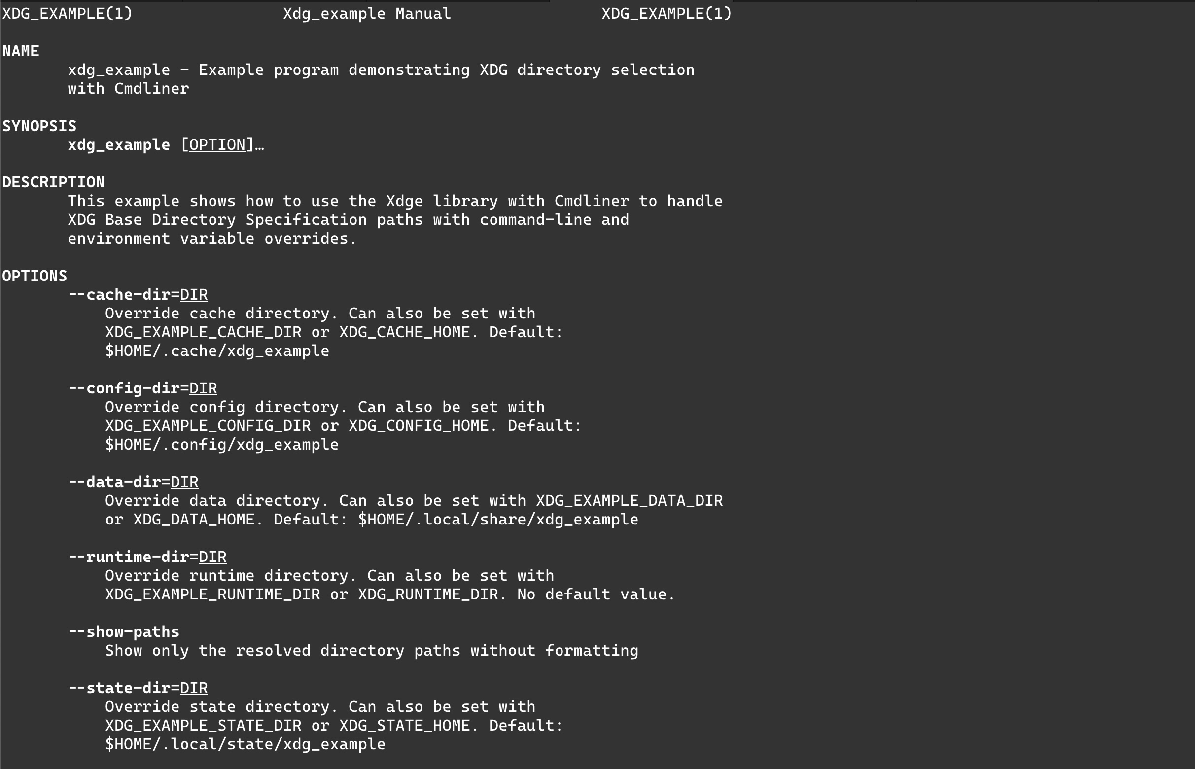In this case, the library specifies XDG_EXAMPLE as the app name, but this is easily customised to your app In this case, the library specifies XDG_EXAMPLE as the app name, but this is easily customised to your app